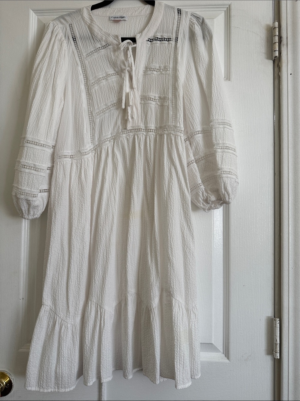 Calvin Klein White Boho Tie-Neck Midi Dress